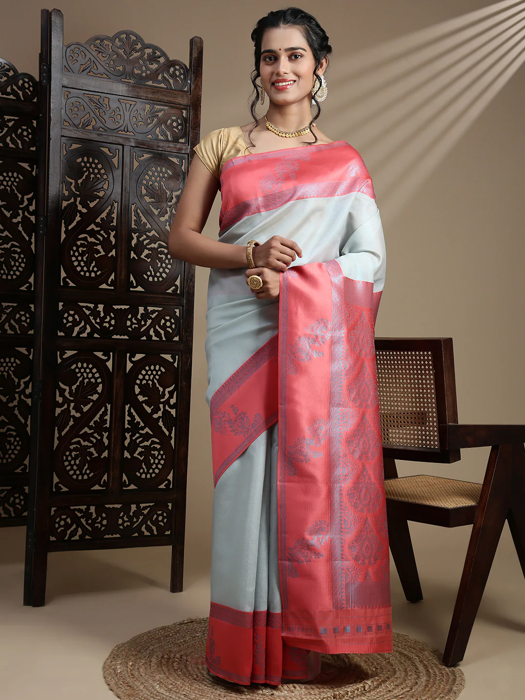 Women Cyan Blue Tissue Saree TS59 - Image 4