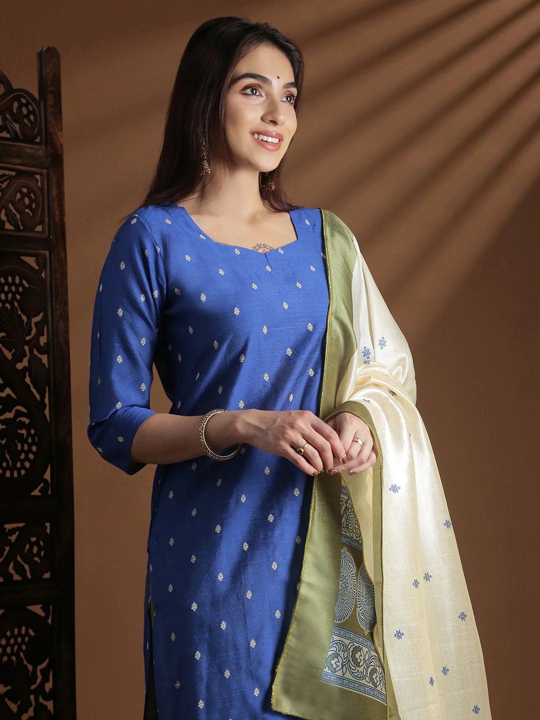 Women Dark Blue with Green Kurti Set EKS131 - Image 2