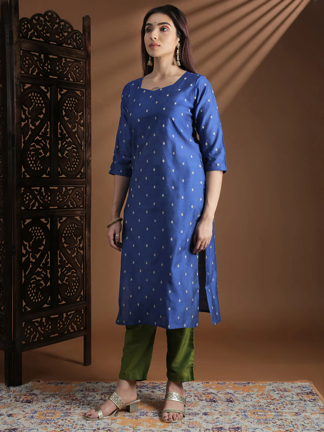 Women Dark Blue with Green Kurti Set EKS131 - Image 5