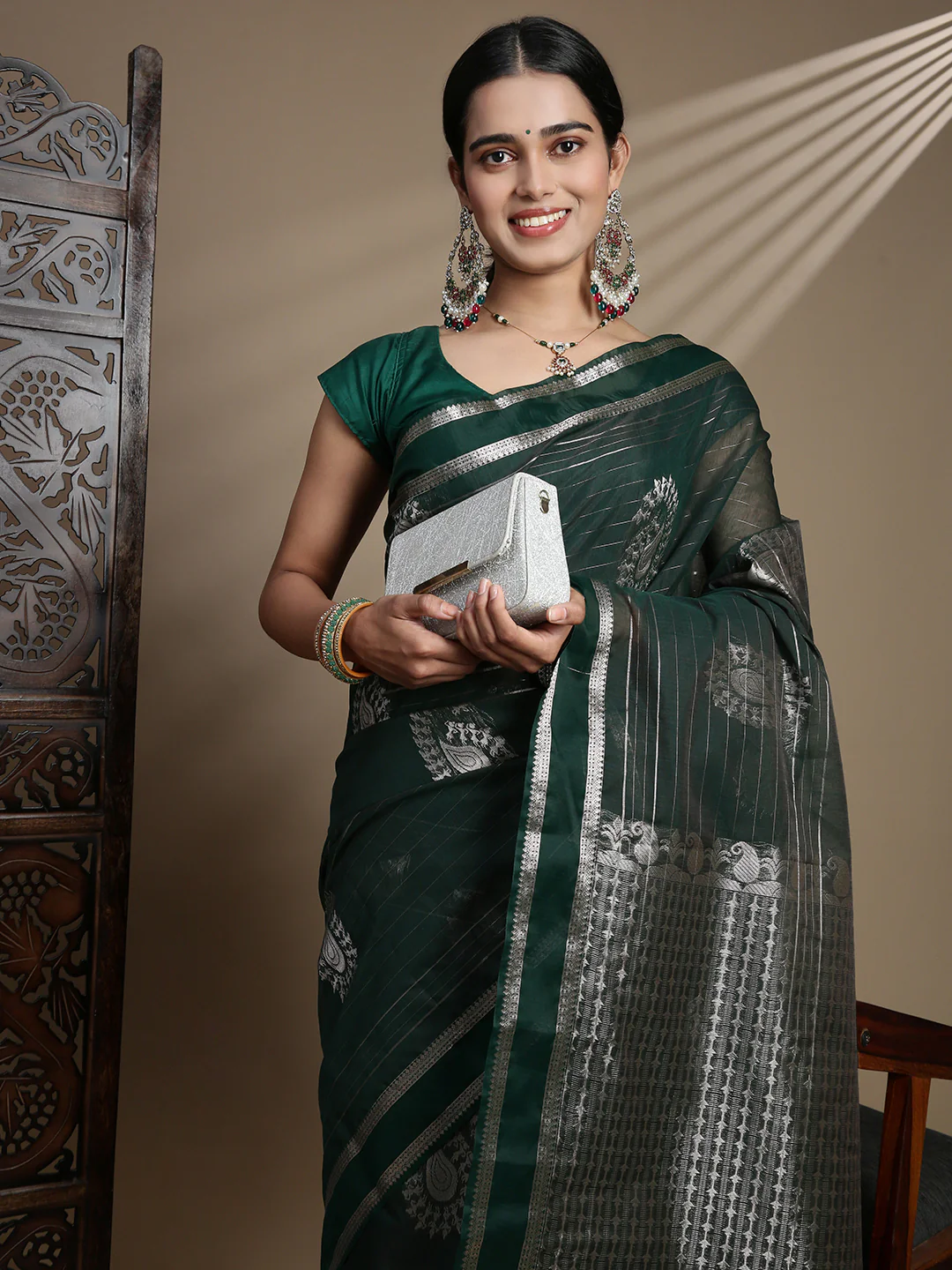 Women Dark Green Kora Cotton Saree SK99 - Image 3