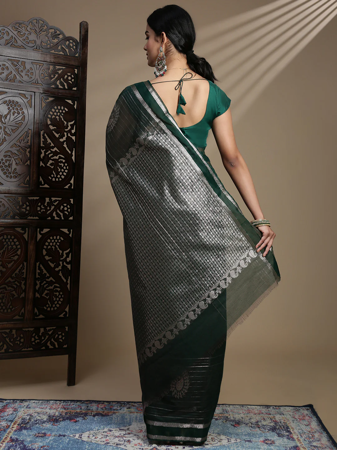 Women Dark Green Kora Cotton Saree SK99 - Image 5