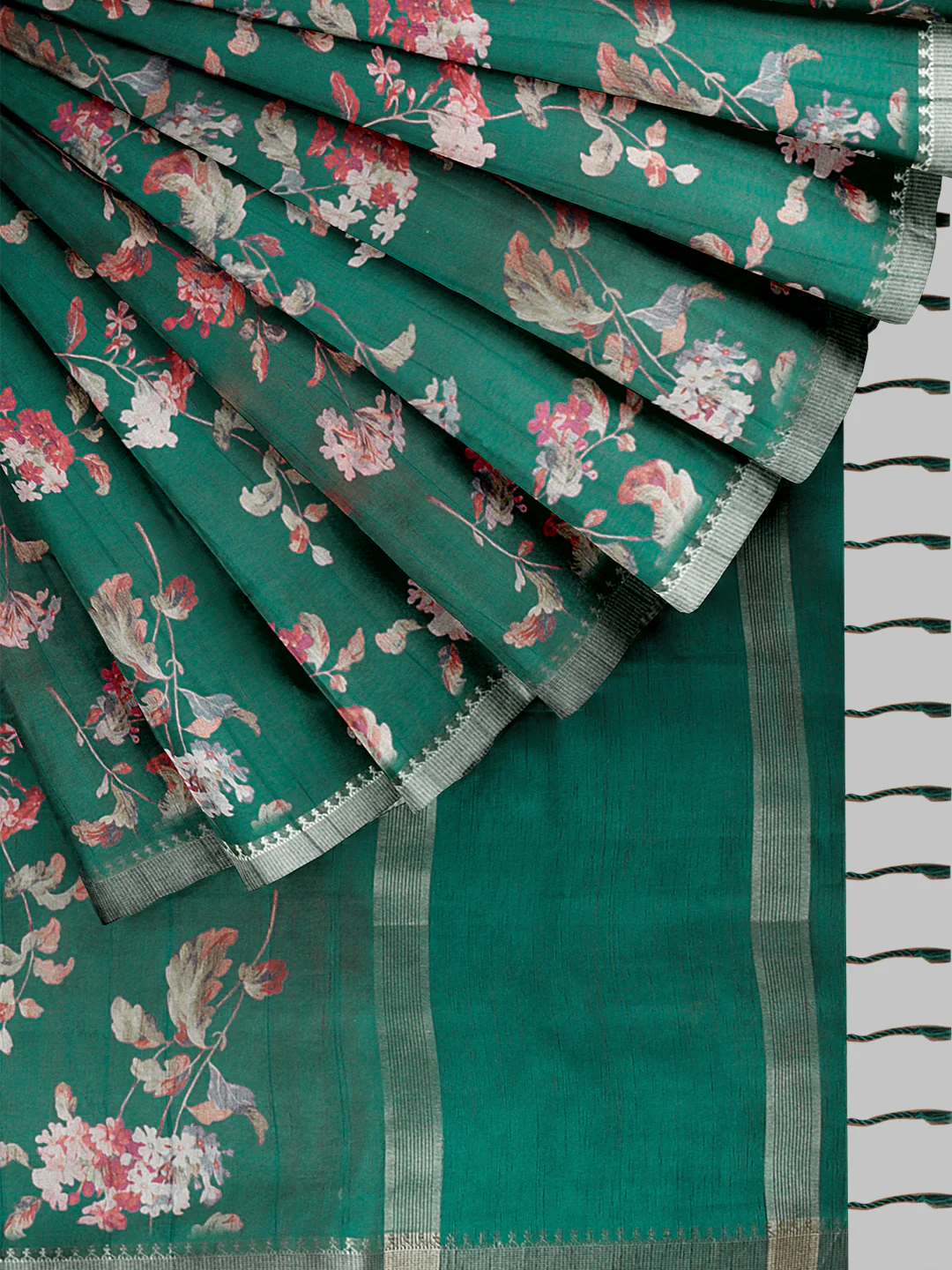 Women Pine Green Semi Raw Silk Printed Saree SRS103 - Image 3