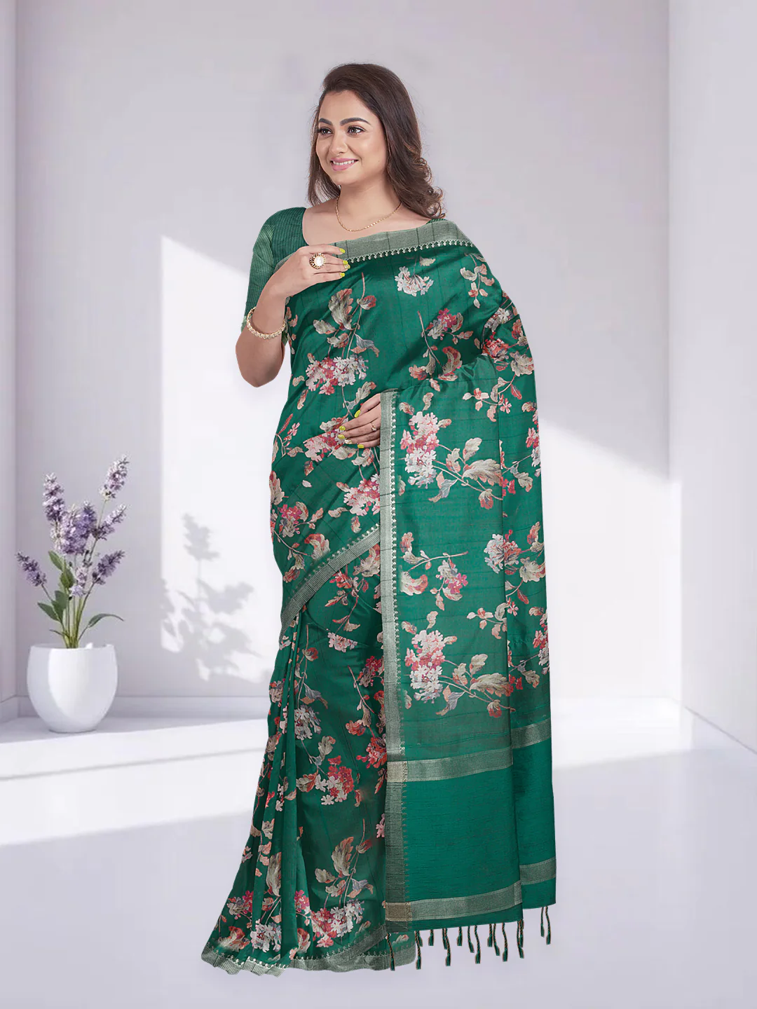 Women Pine Green Semi Raw Silk Printed Saree SRS103 - Image 5