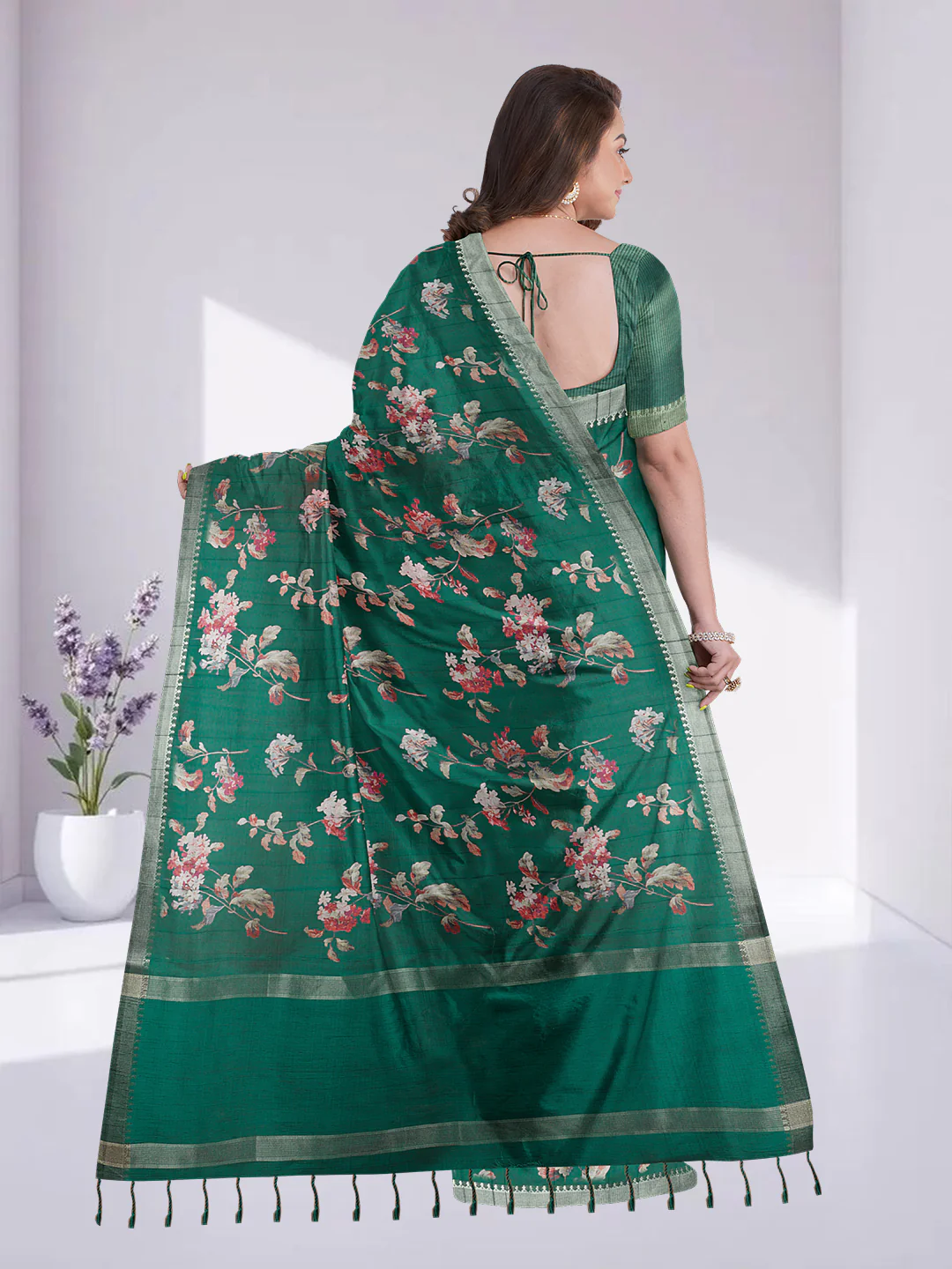 Women Pine Green Semi Raw Silk Printed Saree SRS103 - Image 6