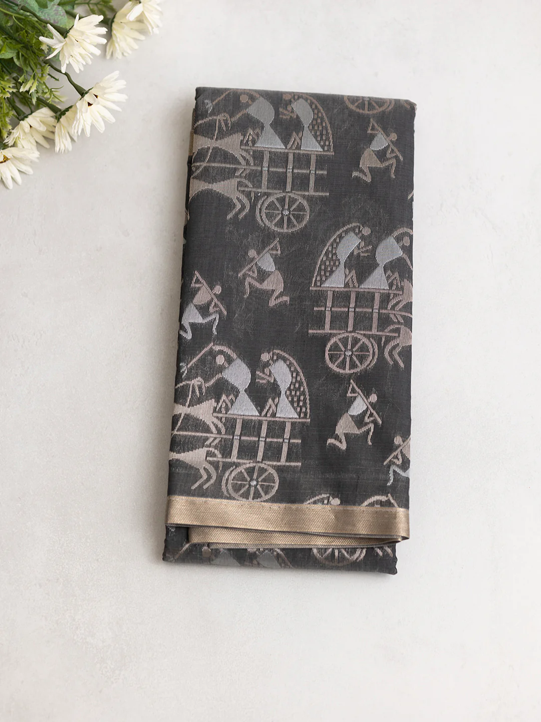 Women Dark Grey Kotta Cotton Saree PCS184 - Image 2