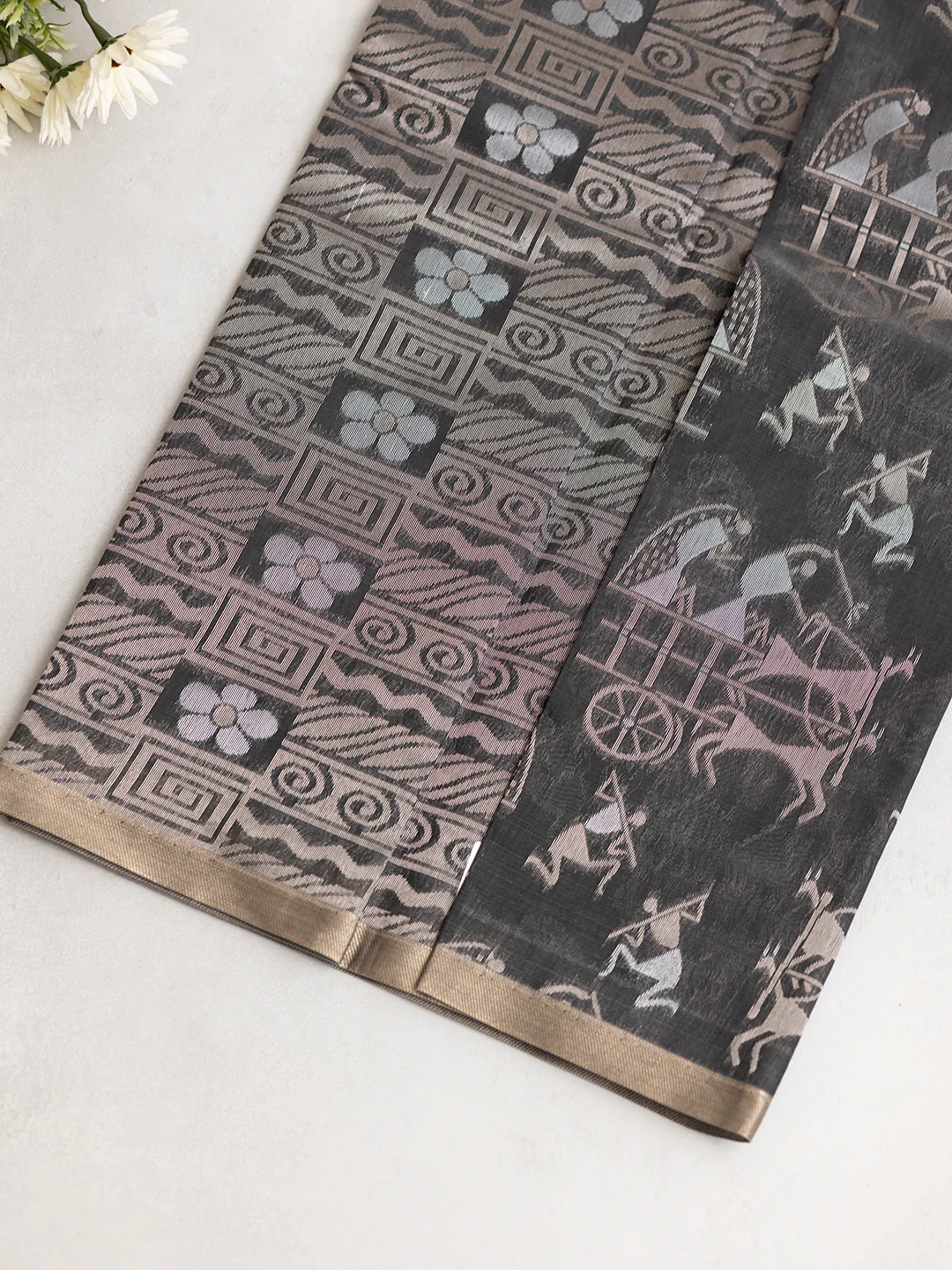 Women Dark Grey Kotta Cotton Saree PCS184 - Image 4