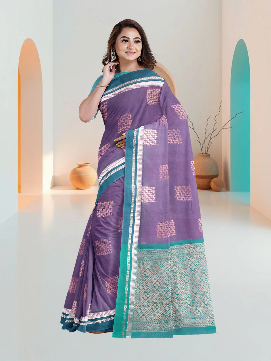 Women Dark Purple Kora Cotton Saree SK136 - Image 2