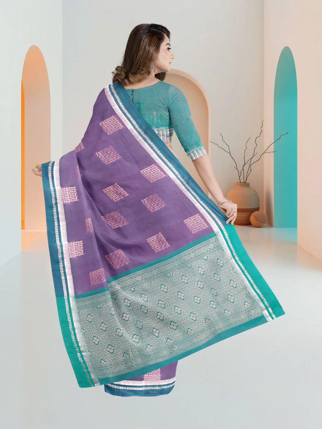 Women Dark Purple Kora Cotton Saree SK136 - Image 3