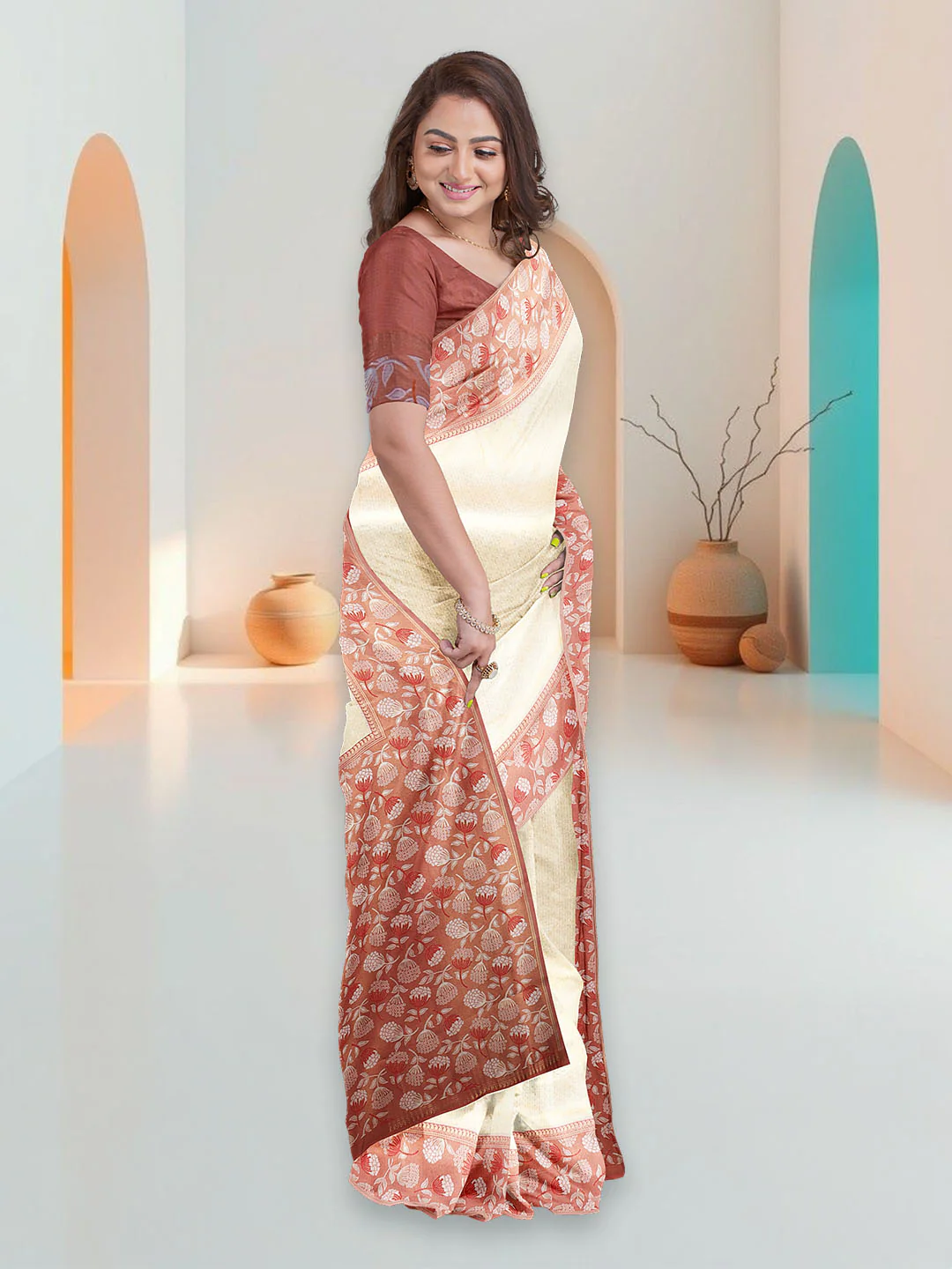 Women Gold Art Silk Printed Saree ASS94 - Image 4