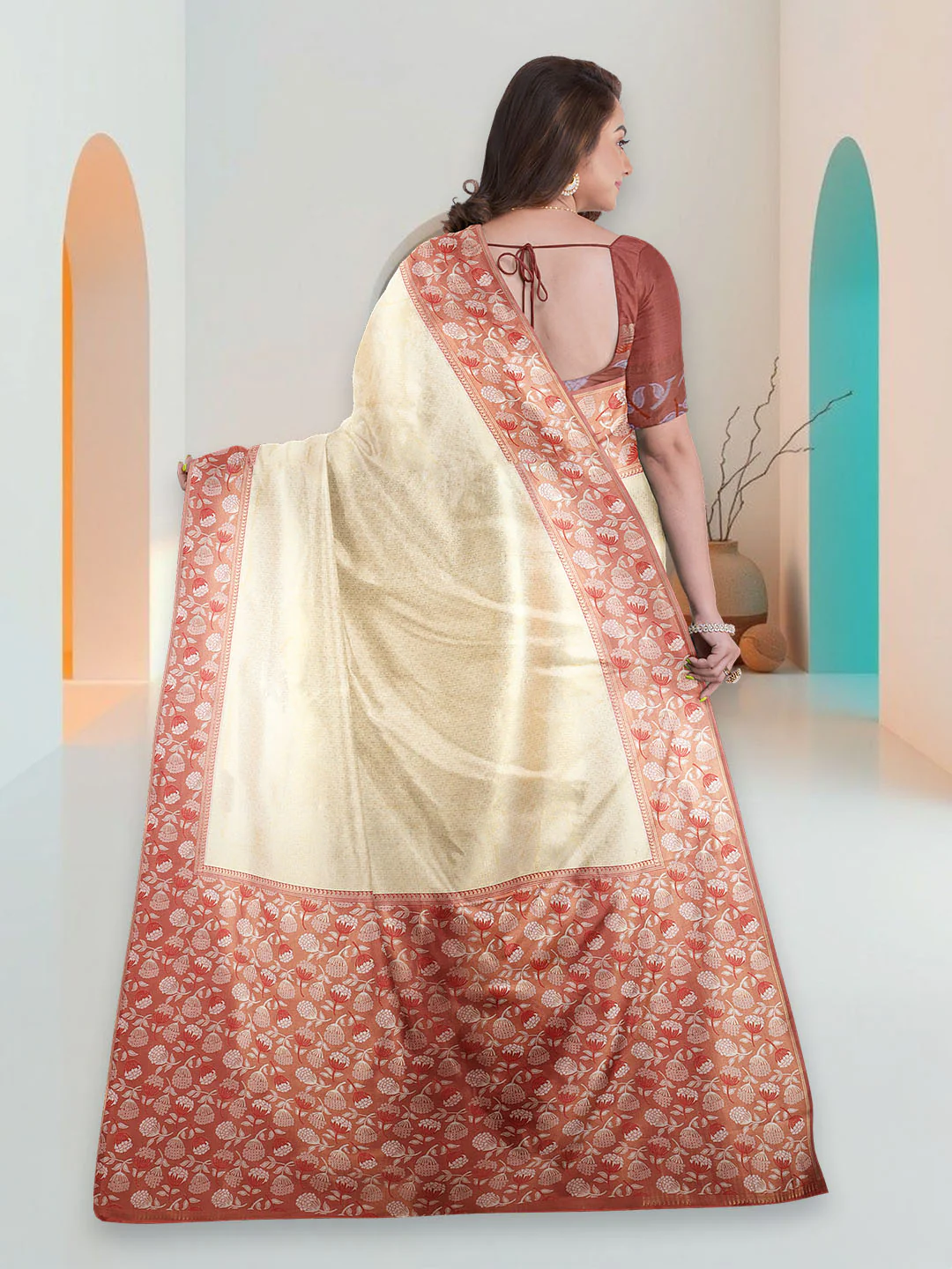 Women Gold Art Silk Printed Saree ASS94 - Image 5