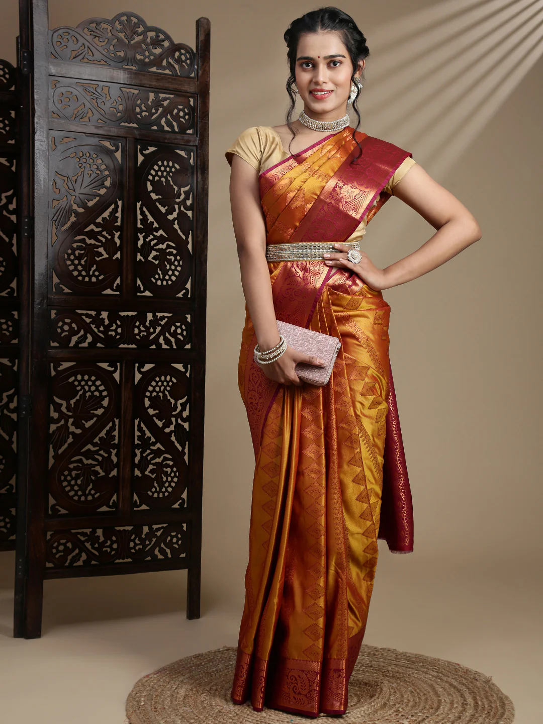 Women Golden Art Silk Saree ASS117 - Image 3