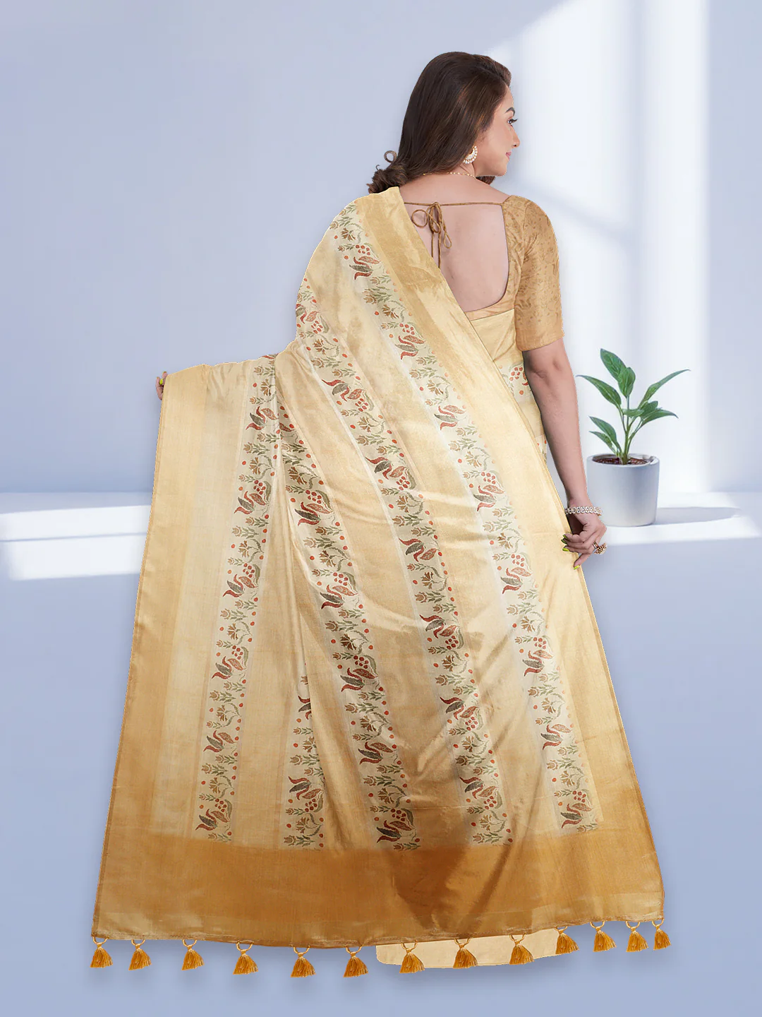 Women Golden Semi Tussar Printed Saree ST300 - Image 5