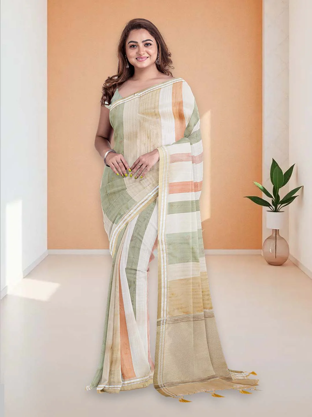 Women Golden Semi Tussar Saree ST301 - Image 2