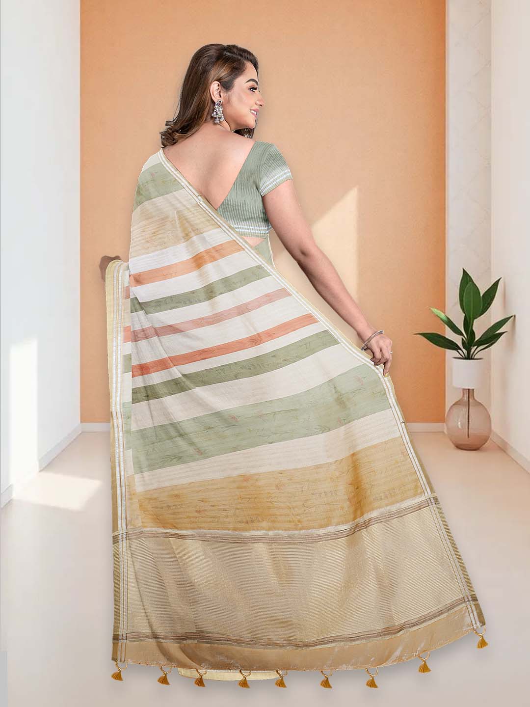 Women Golden Semi Tussar Saree ST301 - Image 4