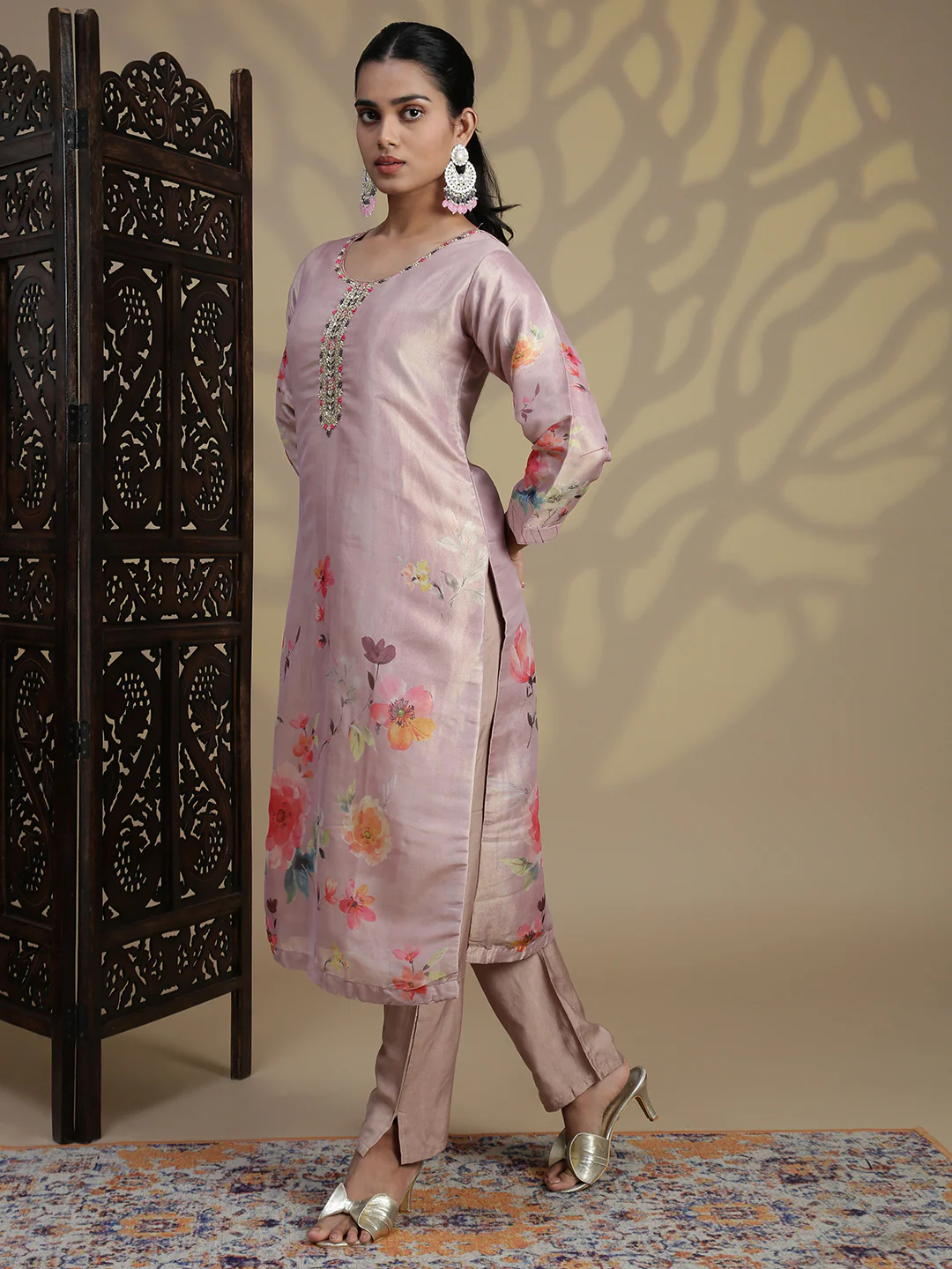 Women Grayish Purple MM Silk Printed Kurti Set EKS102 - Image 2