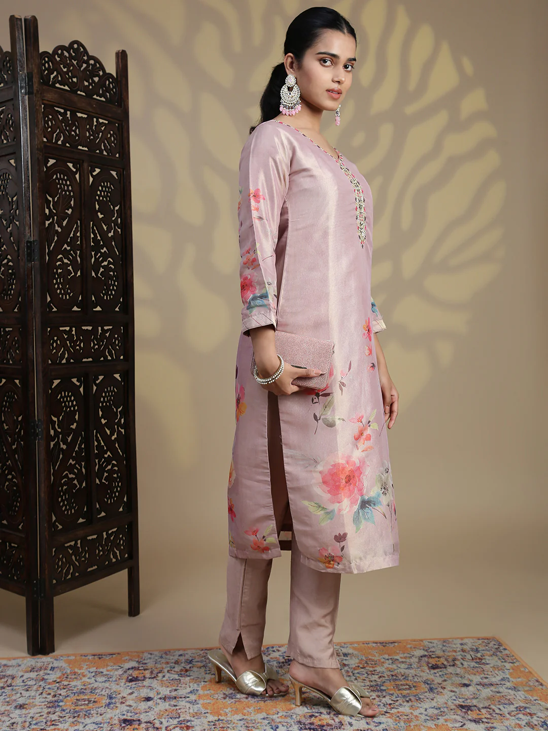 Women Grayish Purple MM Silk Printed Kurti Set EKS102 - Image 3