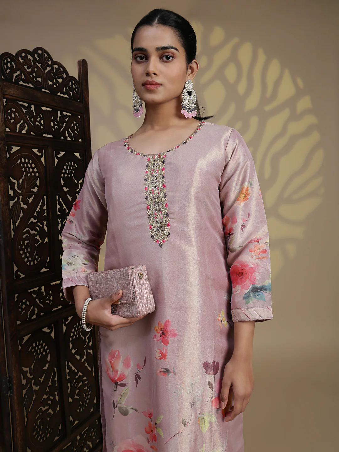 Women Grayish Purple MM Silk Printed Kurti Set EKS102 - Image 5