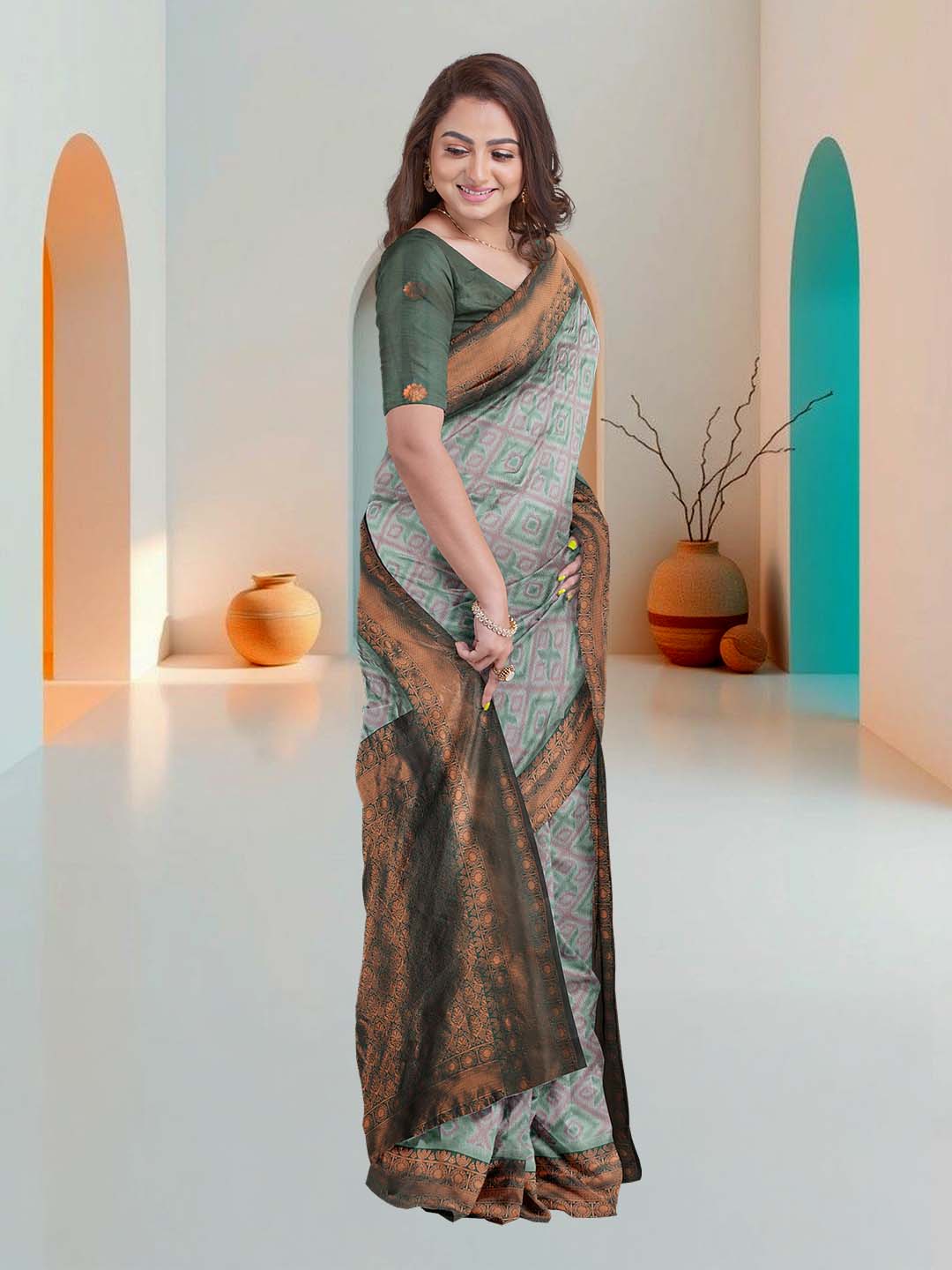 Women Green Art Silk Printed Saree ASS48 - Image 3