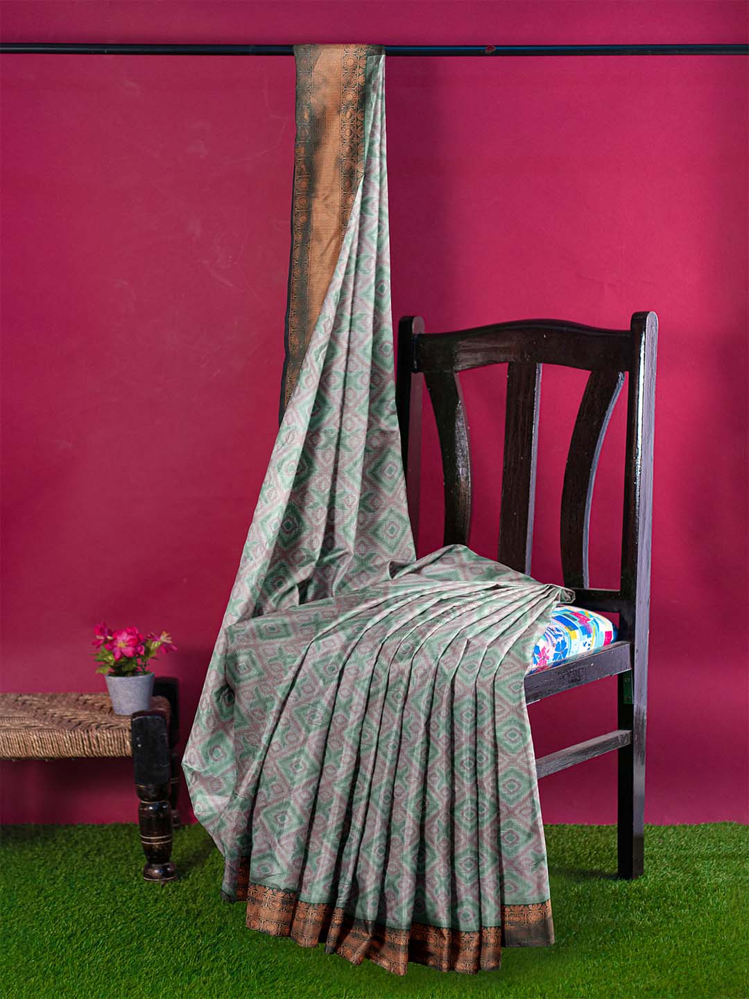 Women Green Art Silk Printed Saree ASS48 - Image 4