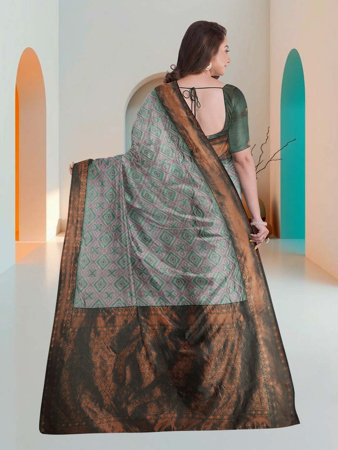 Women Green Art Silk Printed Saree ASS48 - Image 5