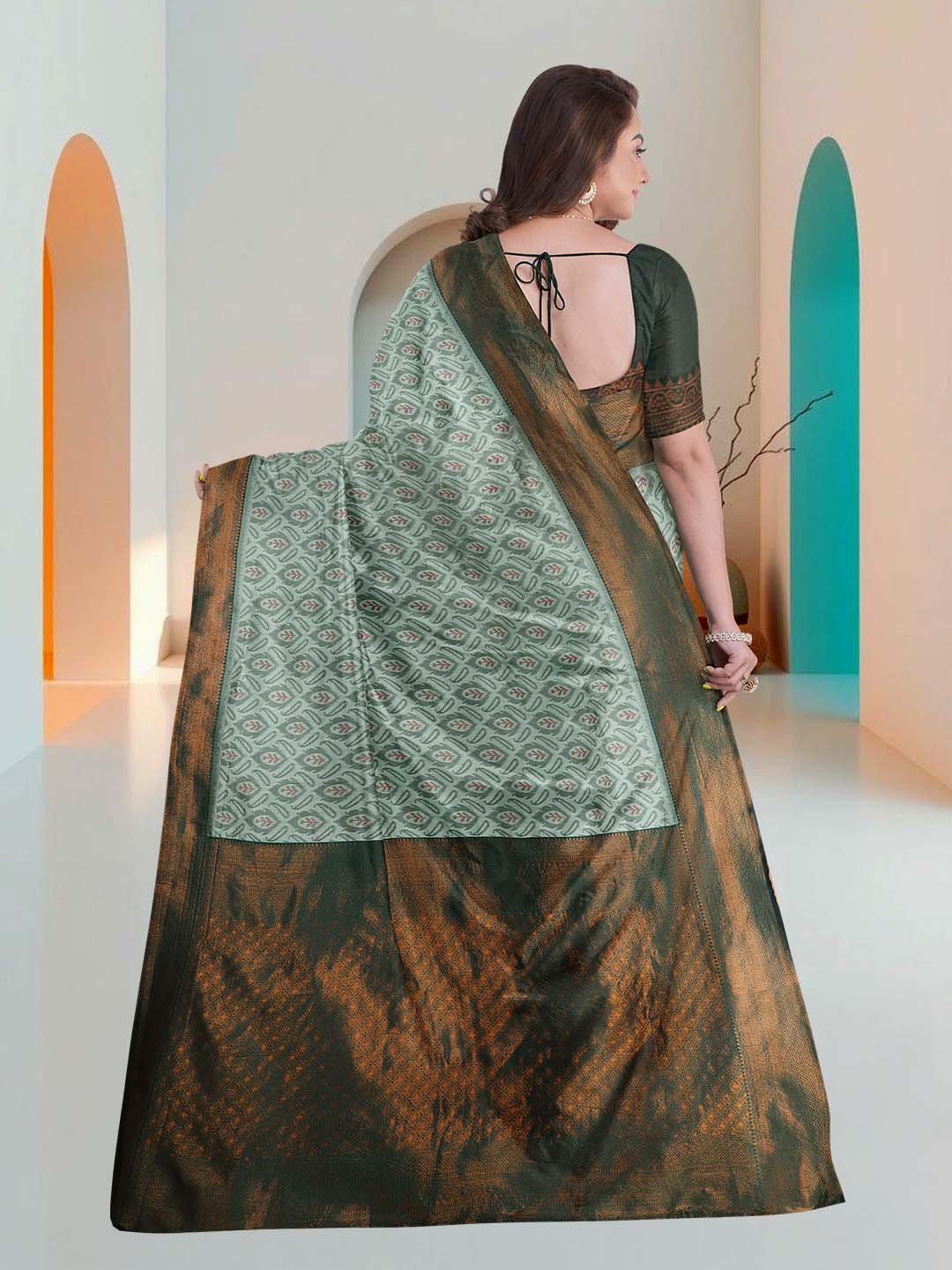Women Green Art Silk Printed Saree ASS50 - Image 4