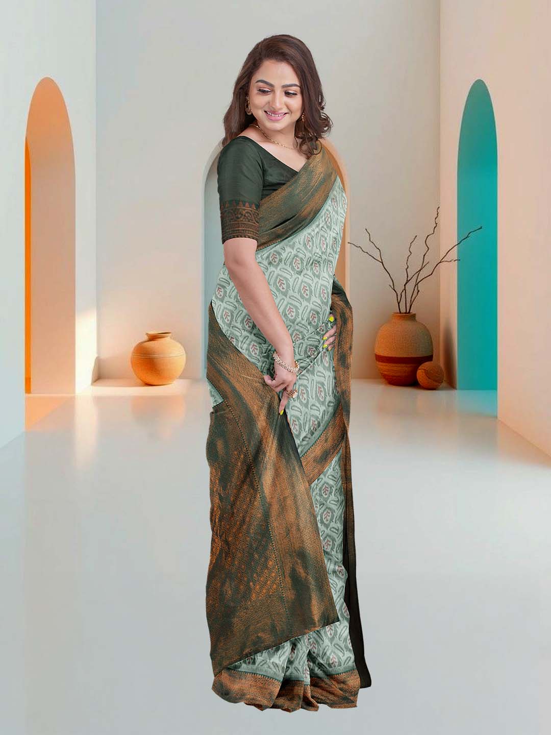 Women Green Art Silk Printed Saree ASS50 - Image 5