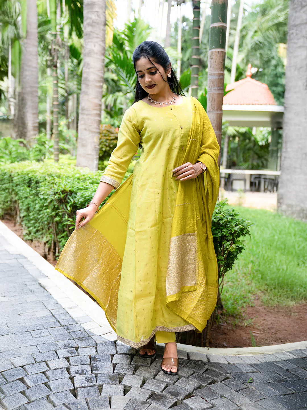 Women Green Cotton Mix Weaving Embroidered Kurti Set EKS103 - Image 3