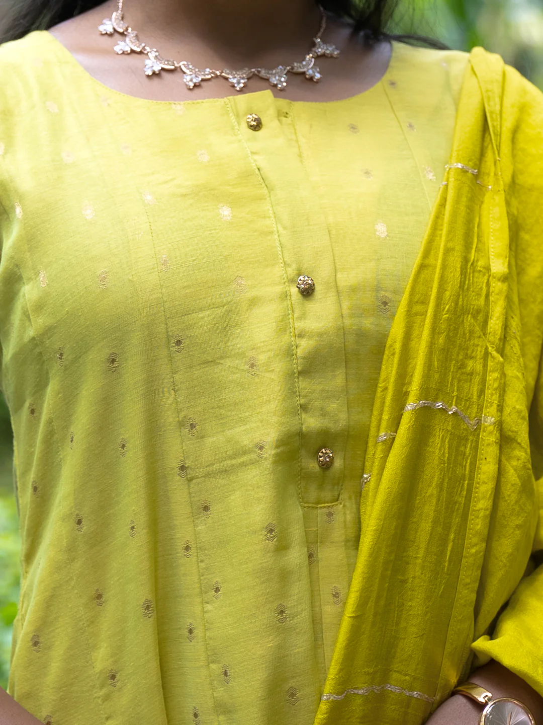 Women Green Cotton Mix Weaving Embroidered Kurti Set EKS103 - Image 4