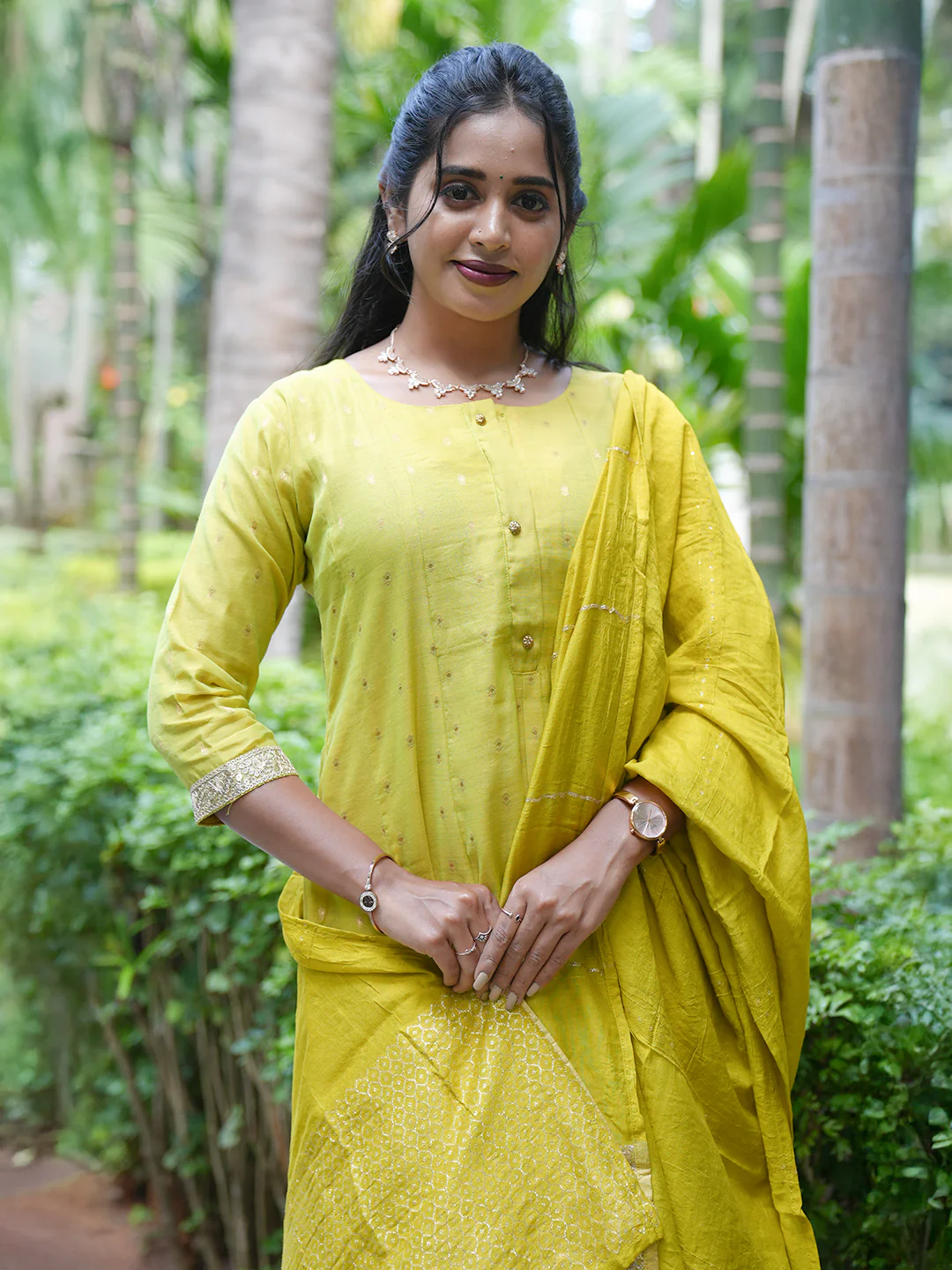 Women Green Cotton Mix Weaving Embroidered Kurti Set EKS103 - Image 5