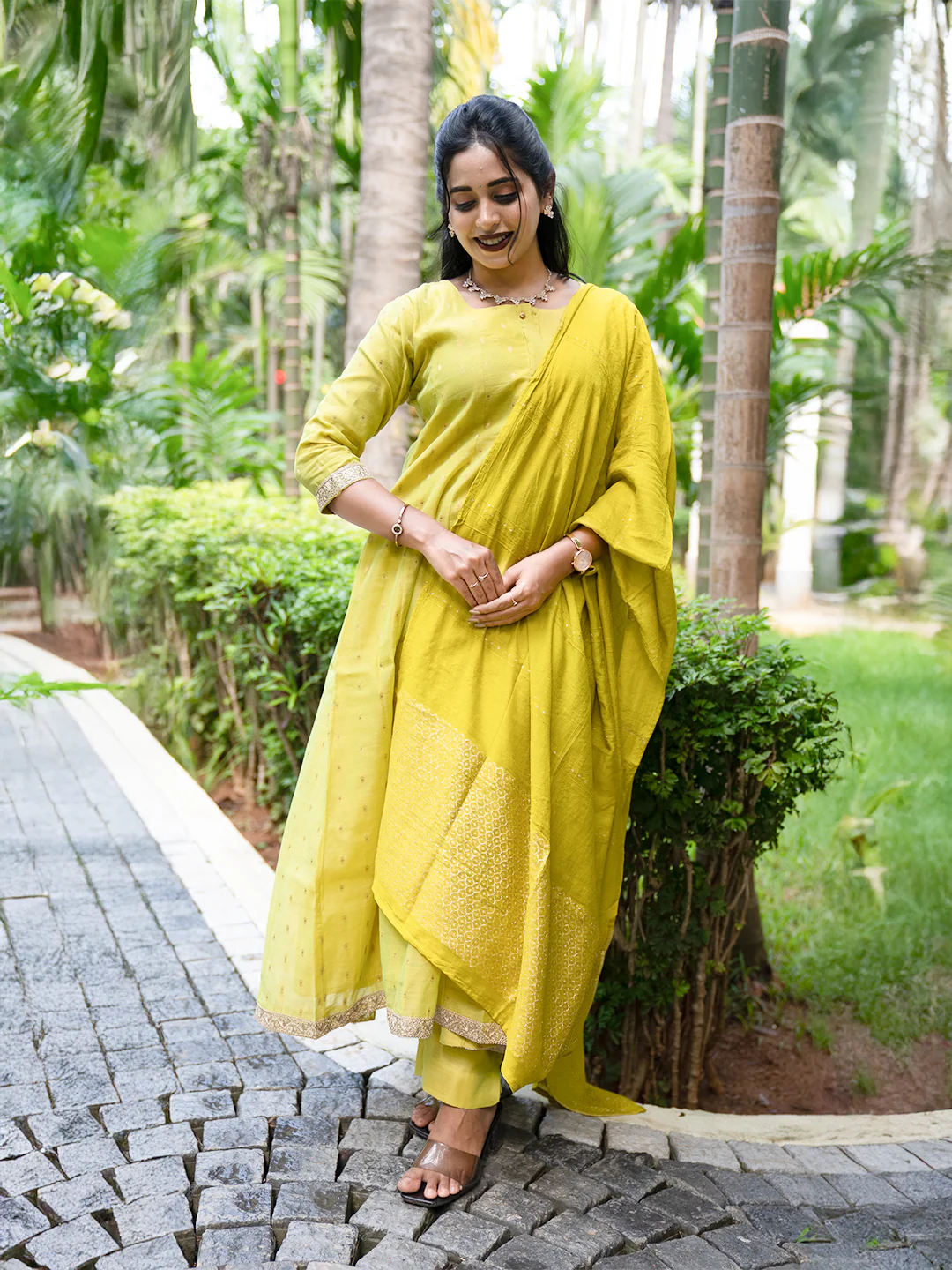 Women Green Cotton Mix Weaving Embroidered Kurti Set EKS103 - Image 6