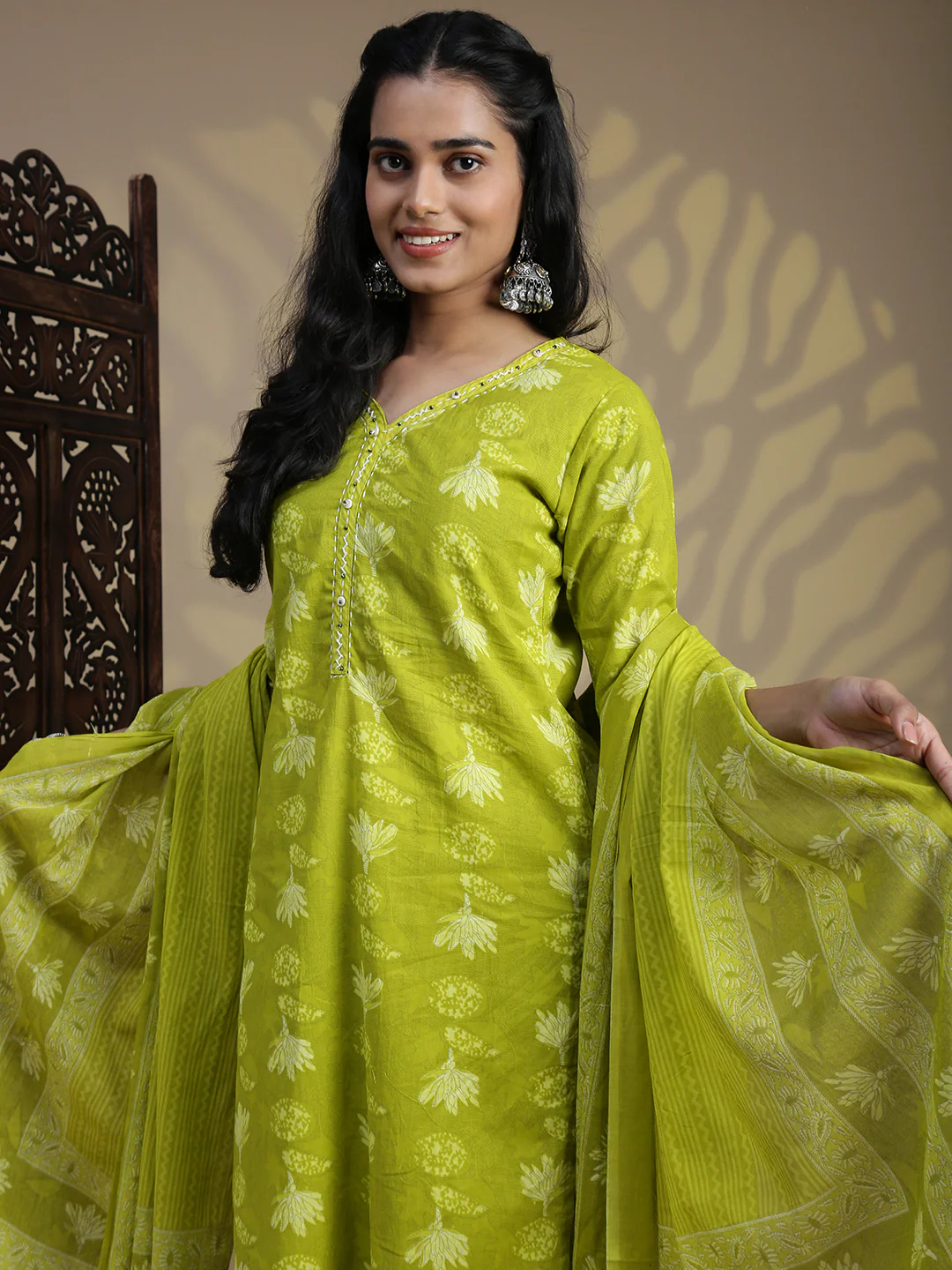 Women Green Cotton Printed Kurti Set EKS101 - Image 3