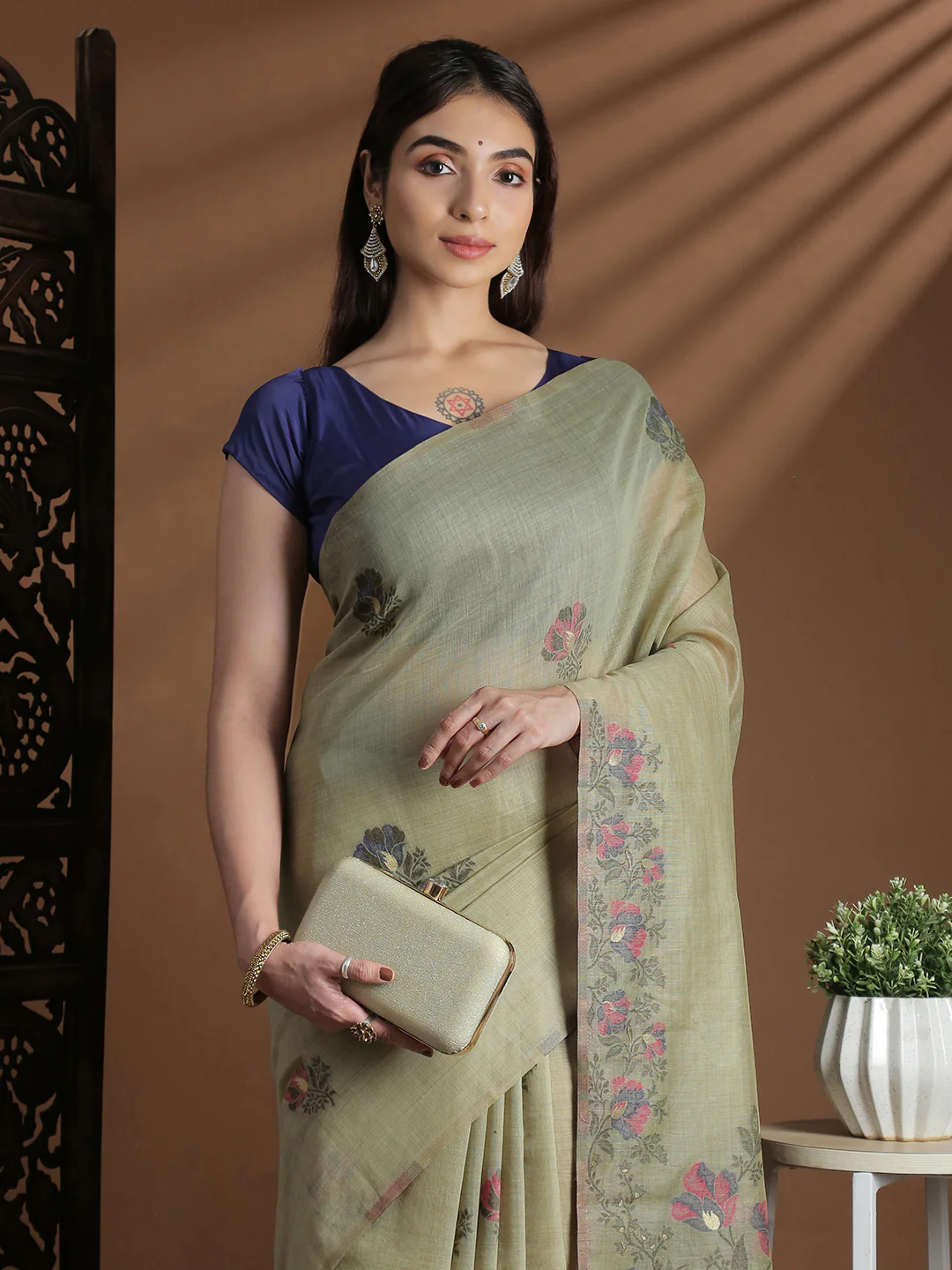 Women Green Cotton Weaving Saree PCS248 - Image 2