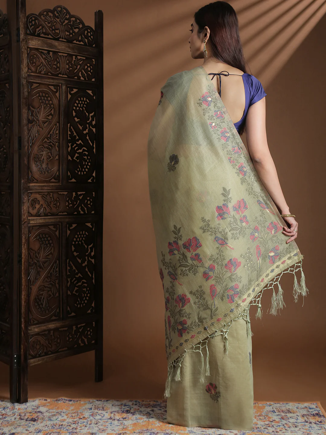 Women Green Cotton Weaving Saree PCS248 - Image 3