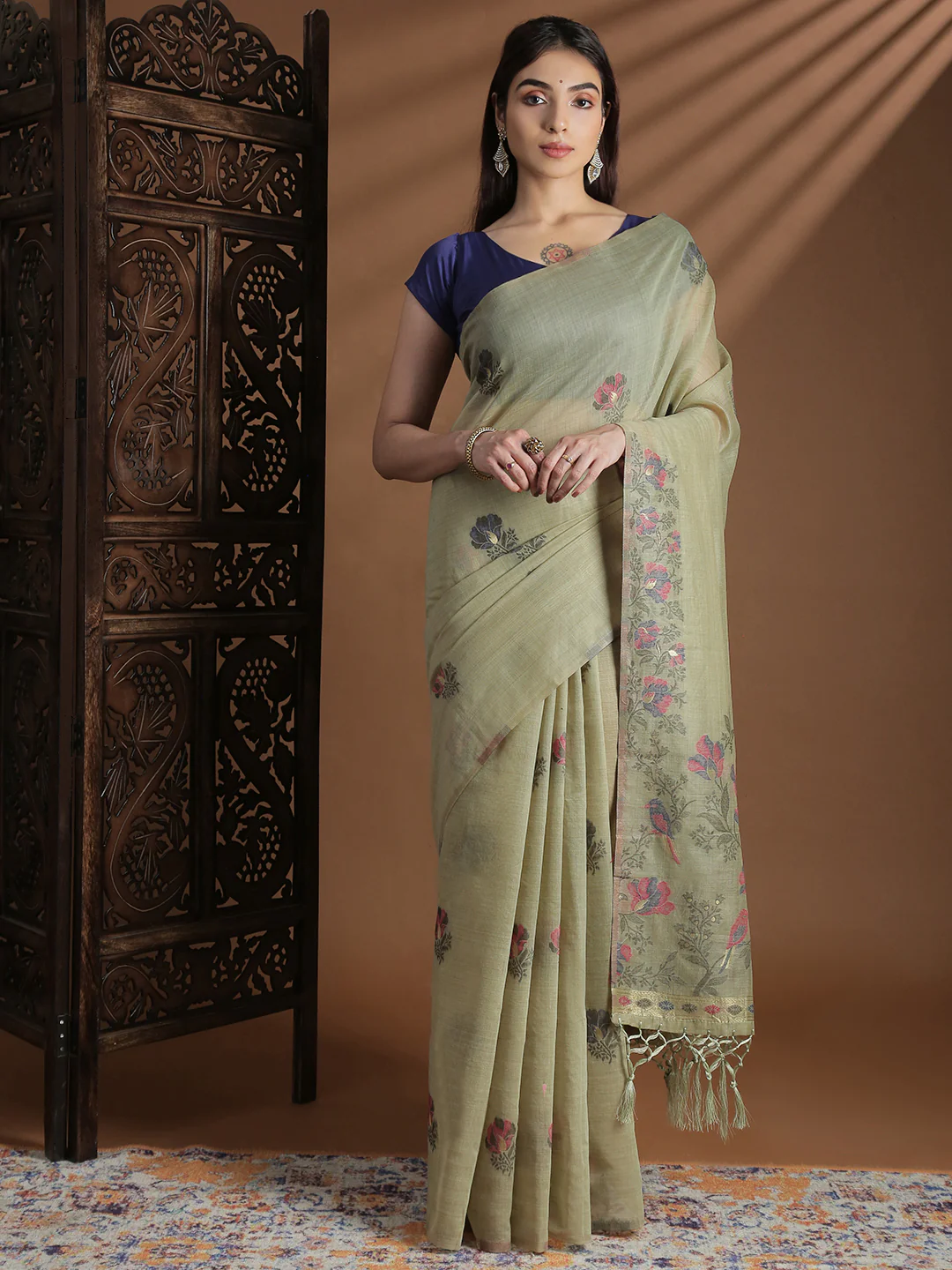Women Green Cotton Weaving Saree PCS248 - Image 4