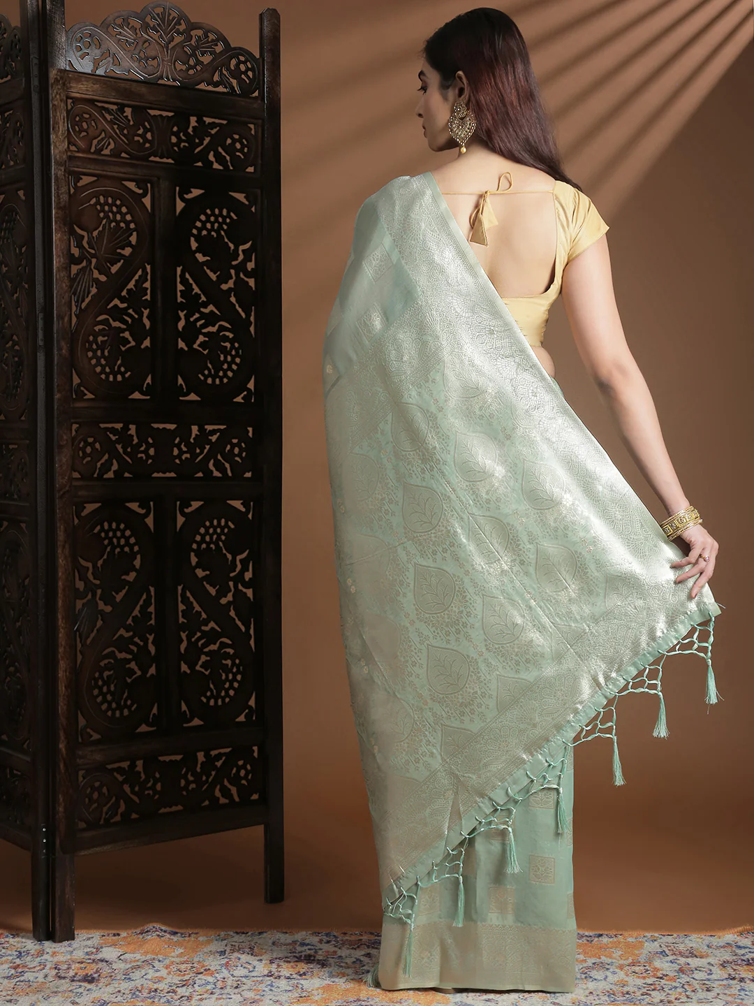 Women Green Cotton Weaving Saree PCS258 - Image 3