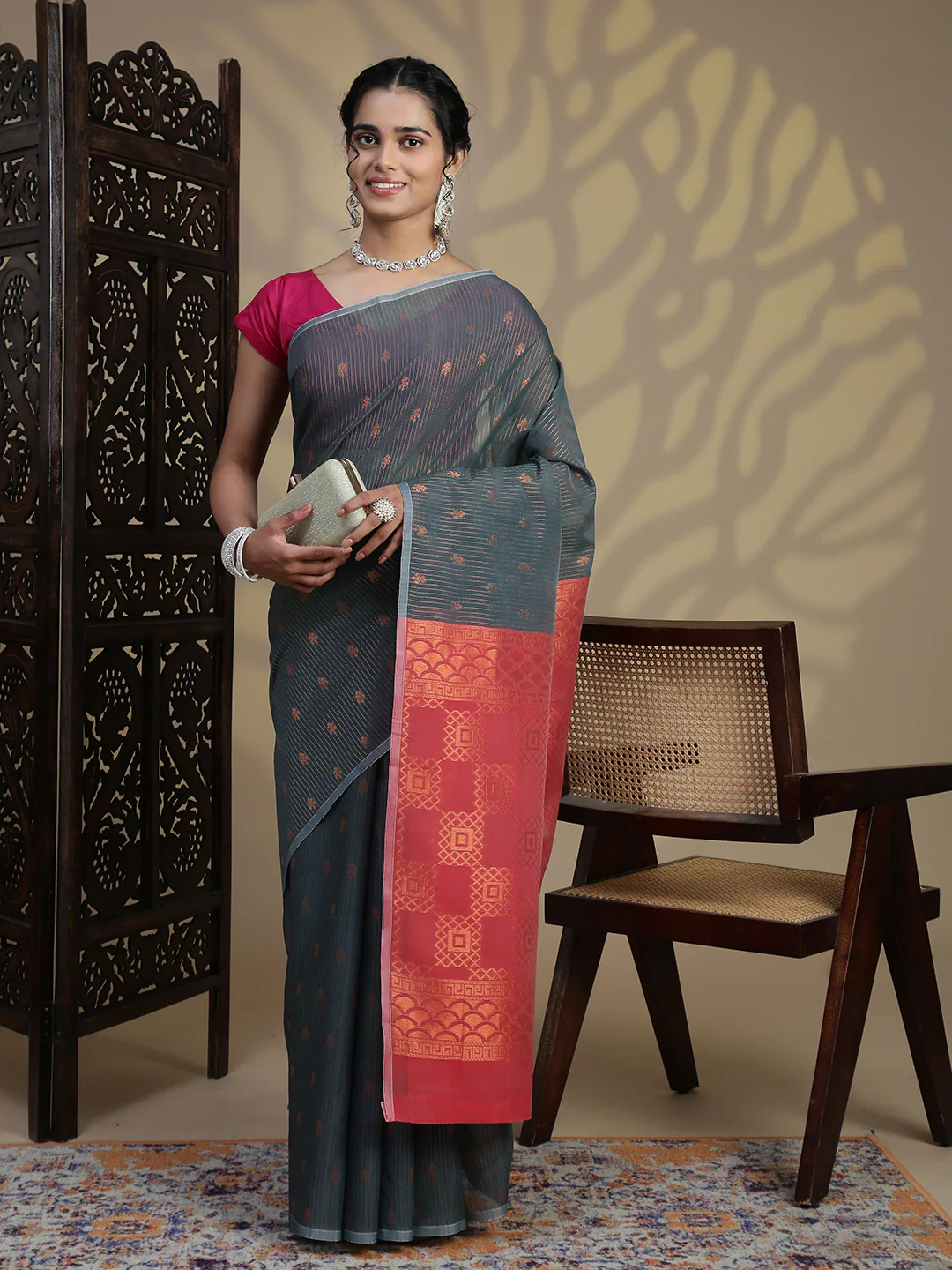 Women Green Kora Cotton Saree SK105 - Image 2