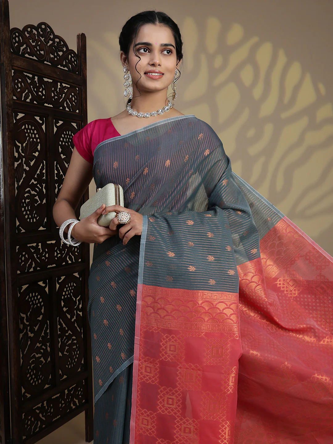 Women Green Kora Cotton Saree SK105 - Image 3