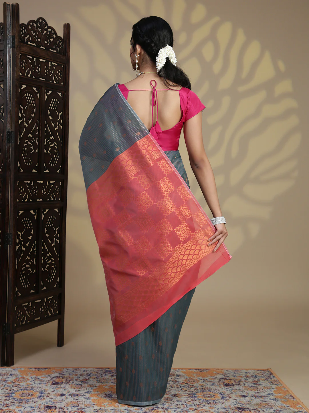 Women Green Kora Cotton Saree SK105 - Image 4