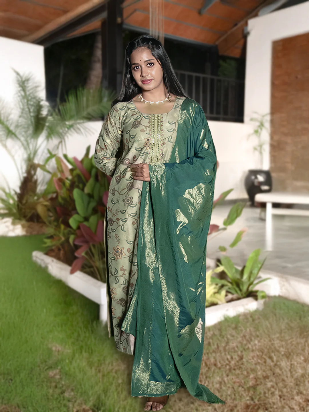Women Green MM Silk Printed Kurti Set EKS120 - Image 4