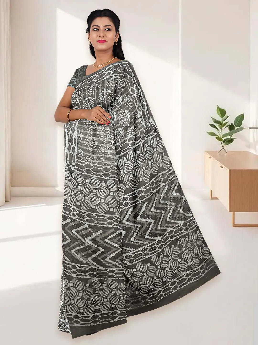 Women Sage Green Pure Cotton Saree PCS196 - Image 3