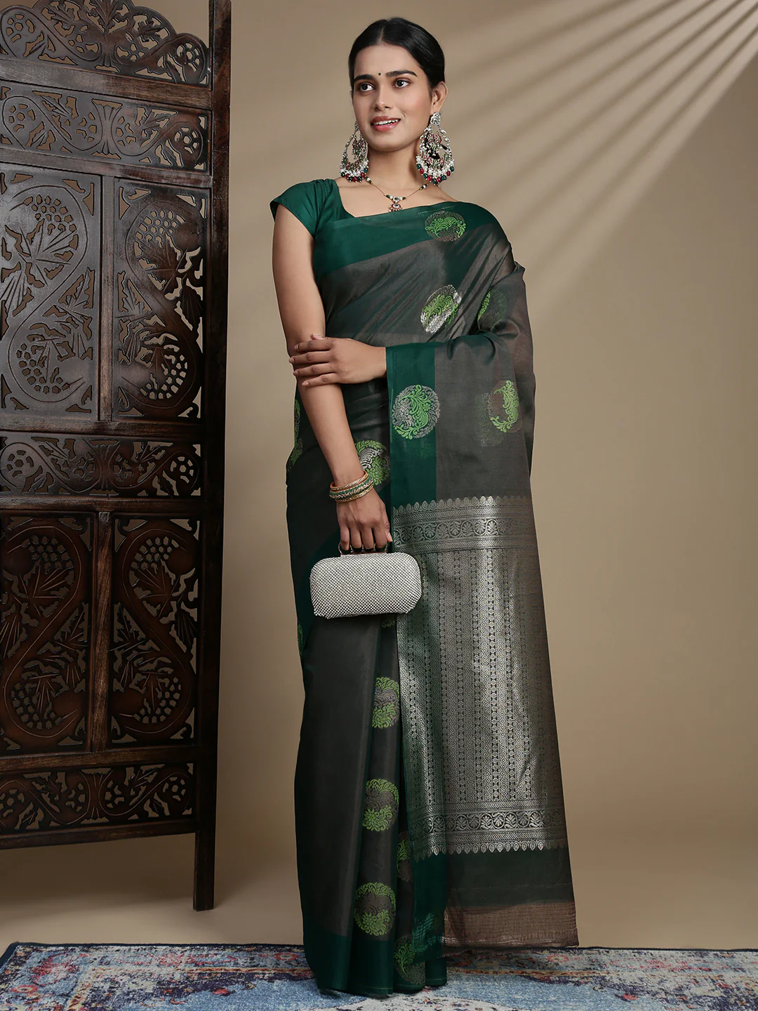 Women Green Semi Kora Cotton Saree SK117 - Image 3