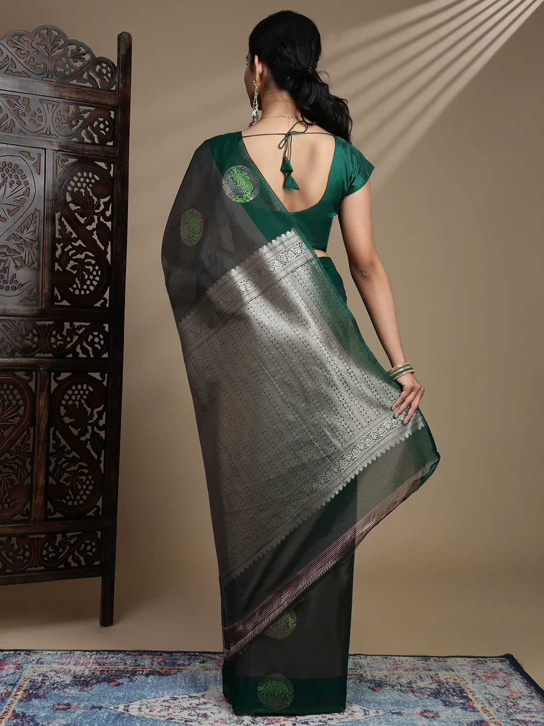 Women Green Semi Kora Cotton Saree SK117 - Image 4