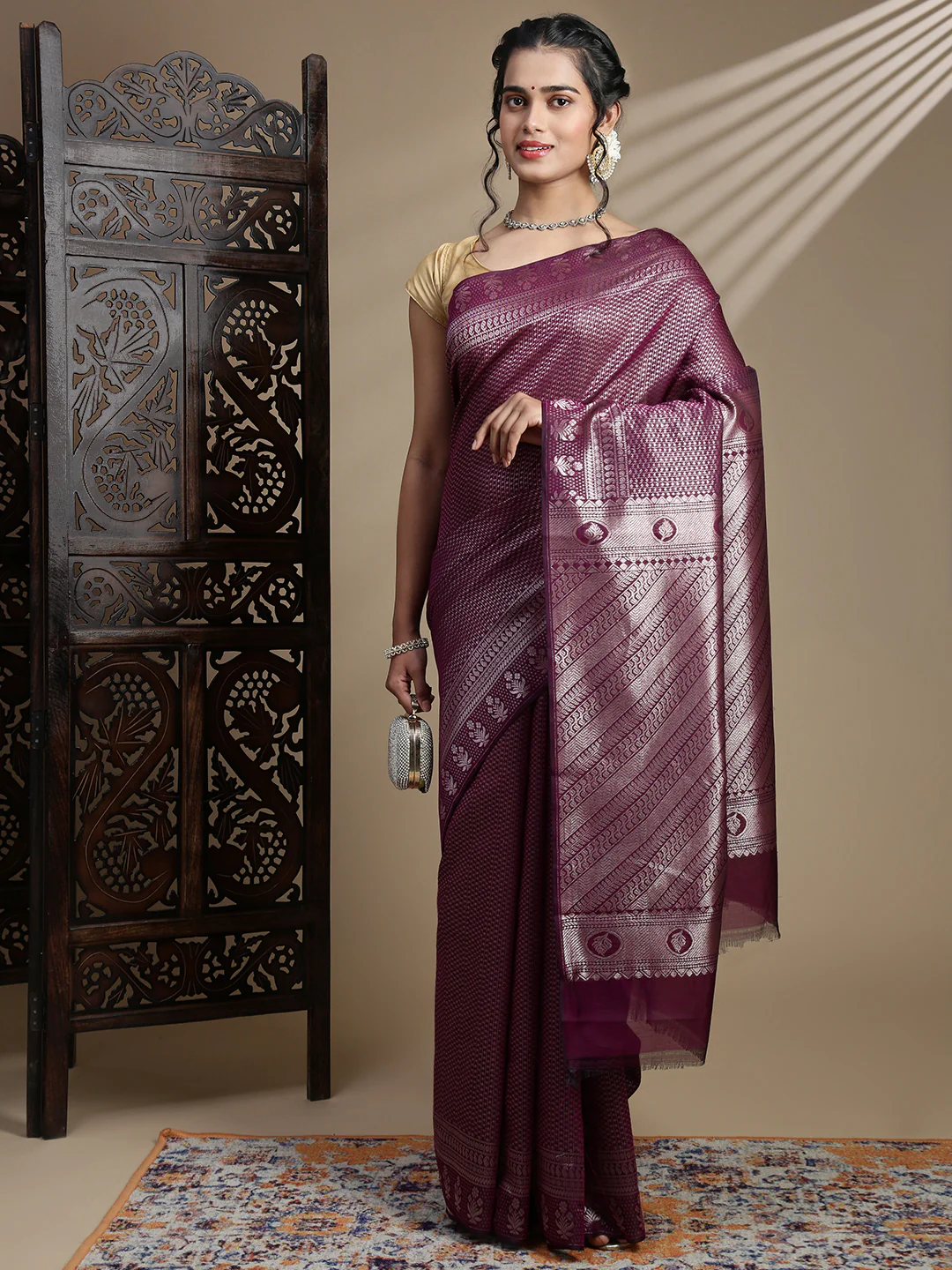 Women Dark Purple Semi Kora Cotton Saree SK118 - Image 2