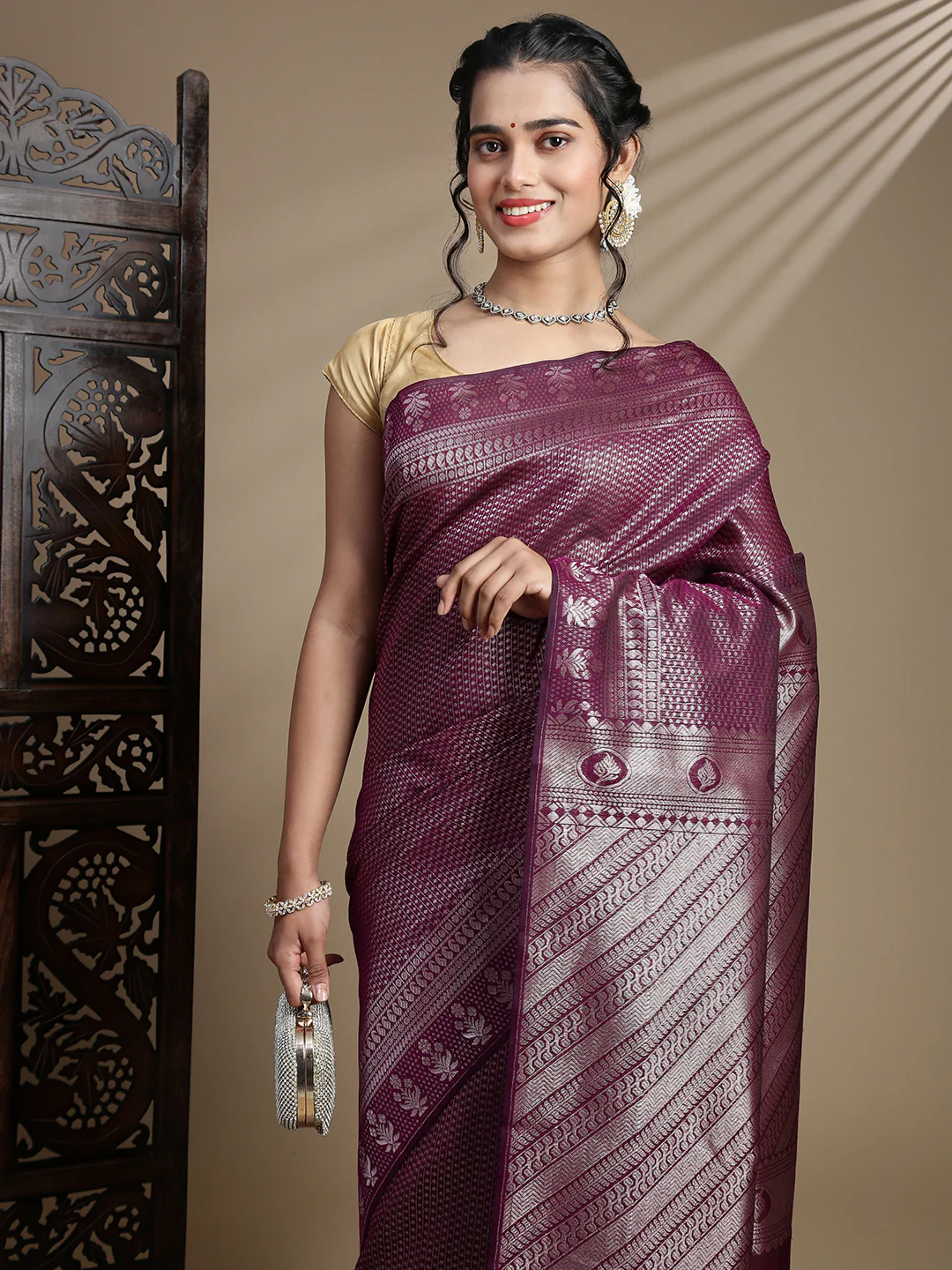 Women Dark Purple Semi Kora Cotton Saree SK118 - Image 3
