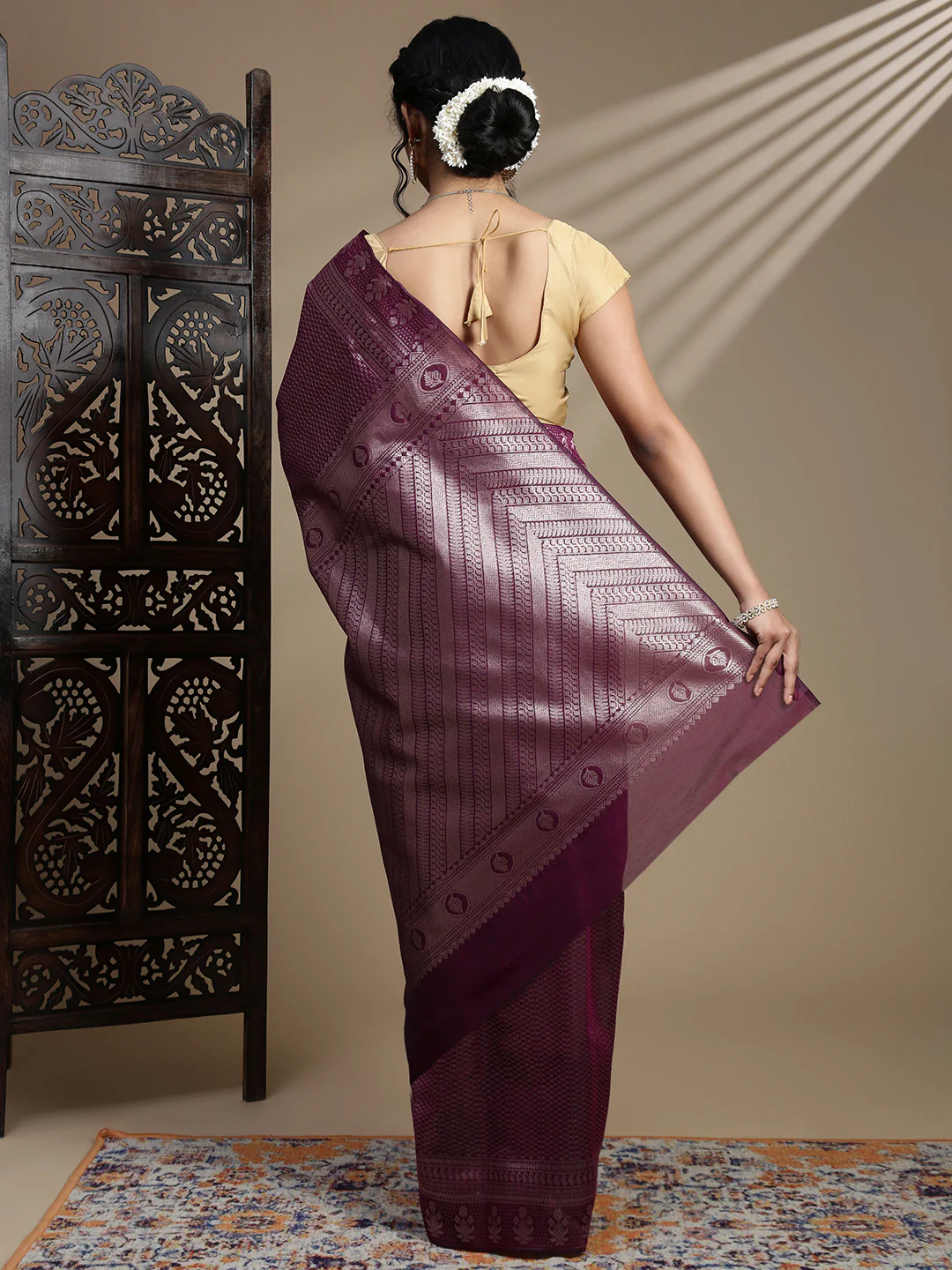 Women Dark Purple Semi Kora Cotton Saree SK118 - Image 4