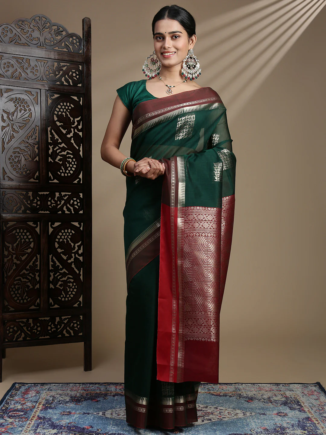 Women Green Kora Cotton Fancy Saree SK119 - Image 2