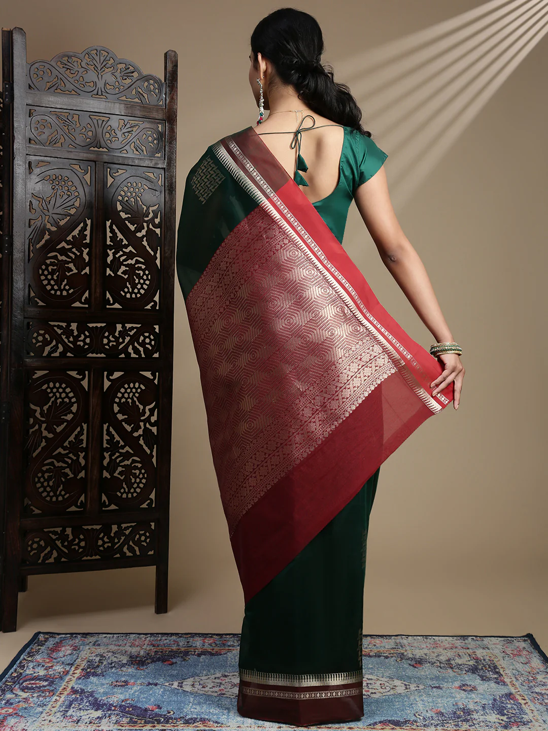 Women Green Kora Cotton Fancy Saree SK119 - Image 3