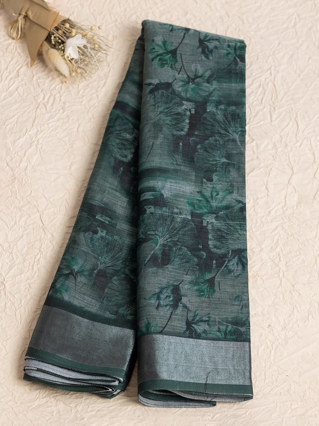 Women Green Semi Linen Saree SL206 - Image 2
