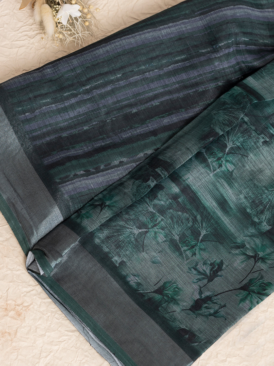 Women Green Semi Linen Saree SL206 - Image 4