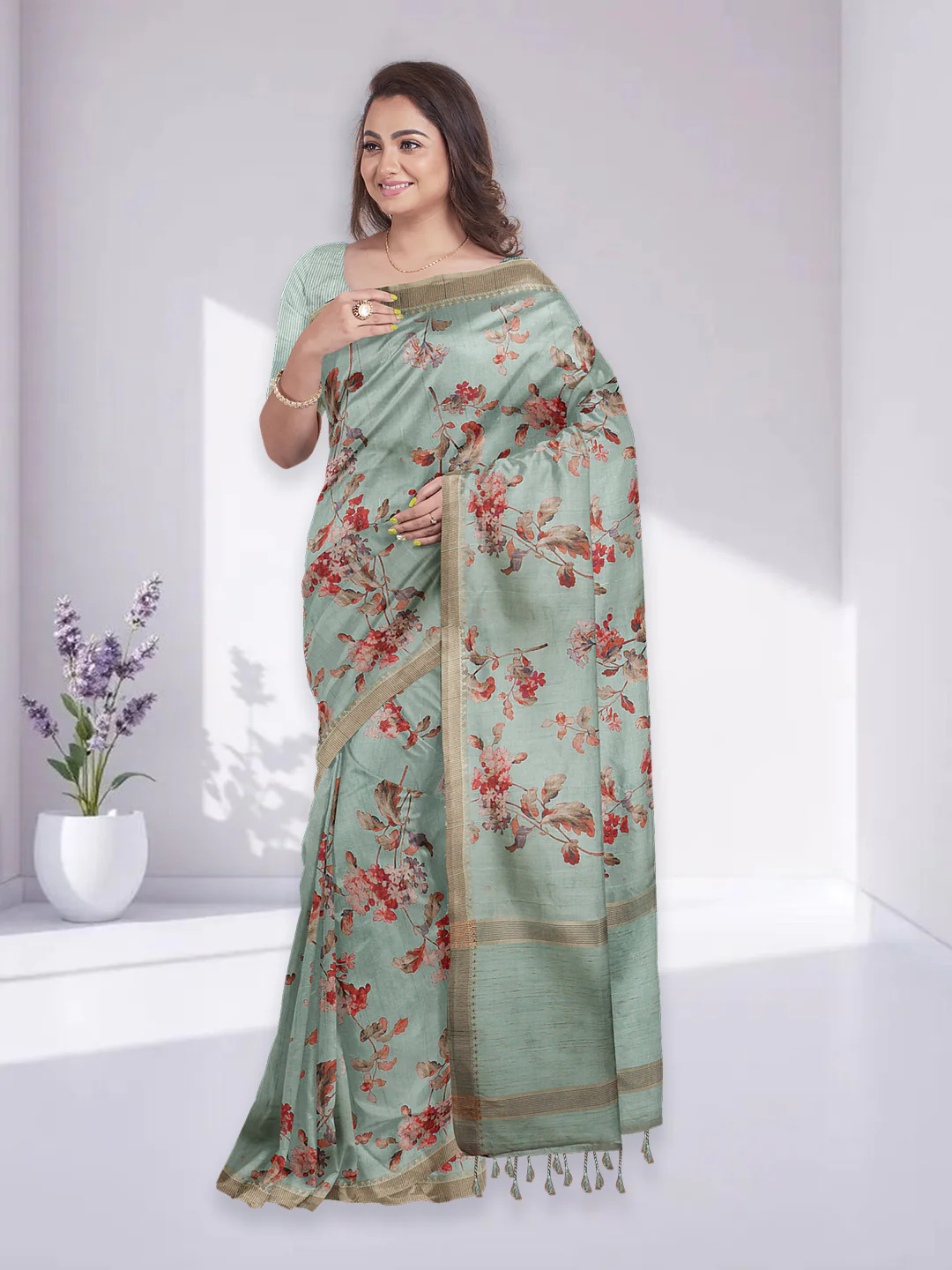 Women Green Semi Raw Silk Printed Saree SRS104 - Image 3